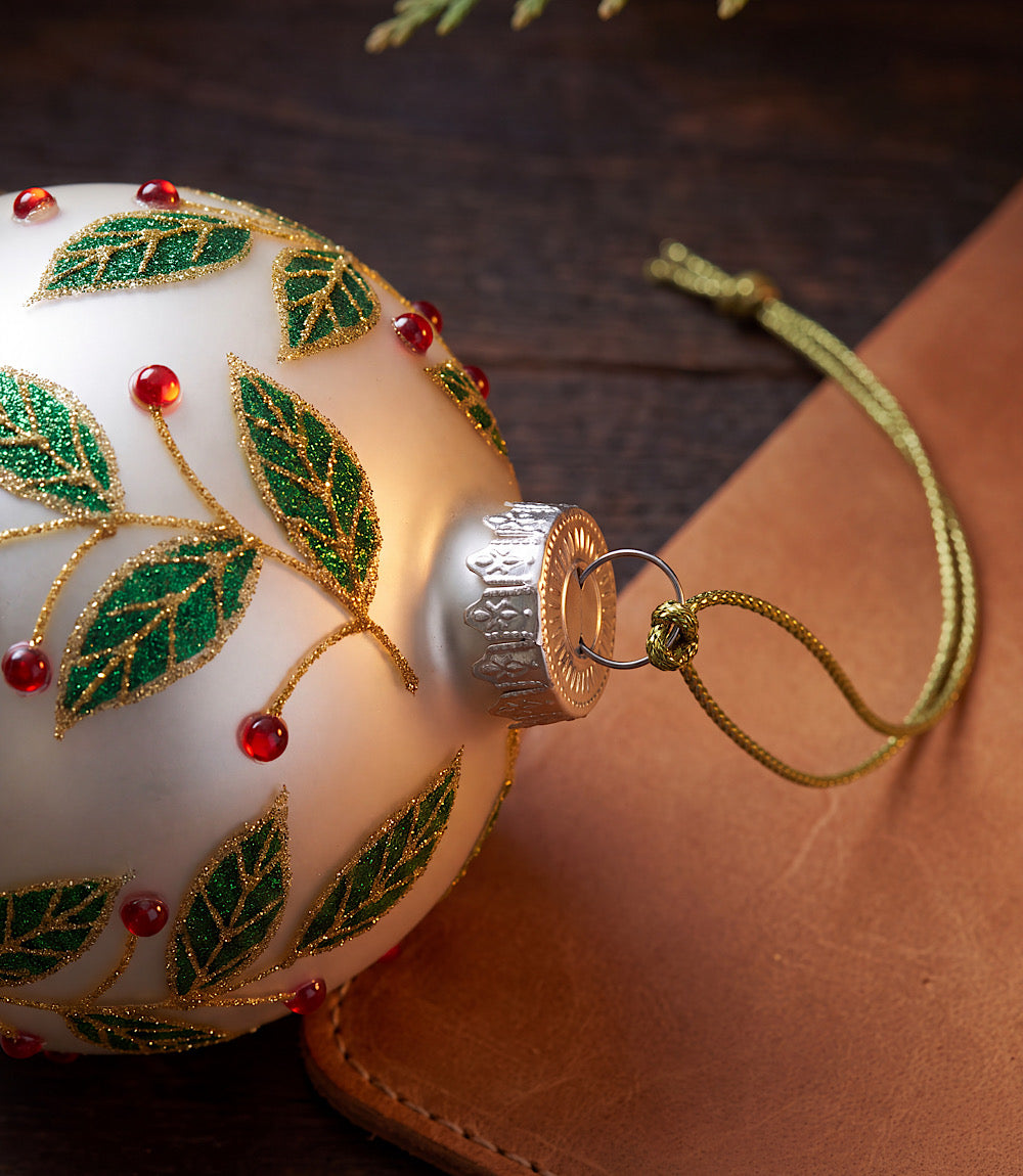 Metallic Berry Leaf Glass Ball Ornament