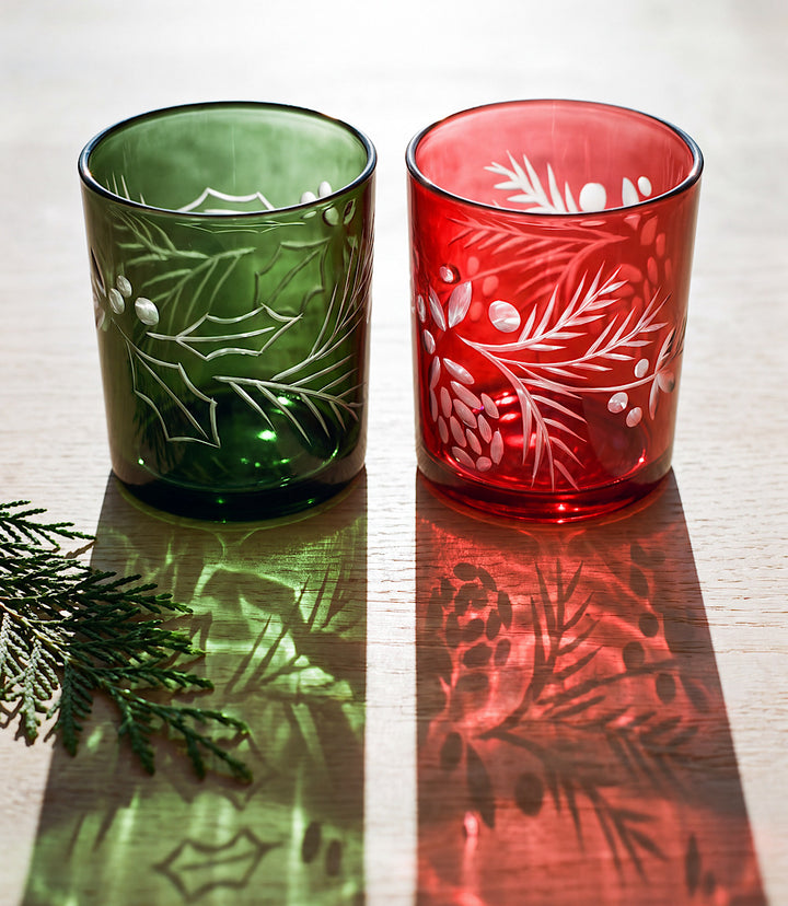 Etched Holly Tumbler Glasses, Set Of 2