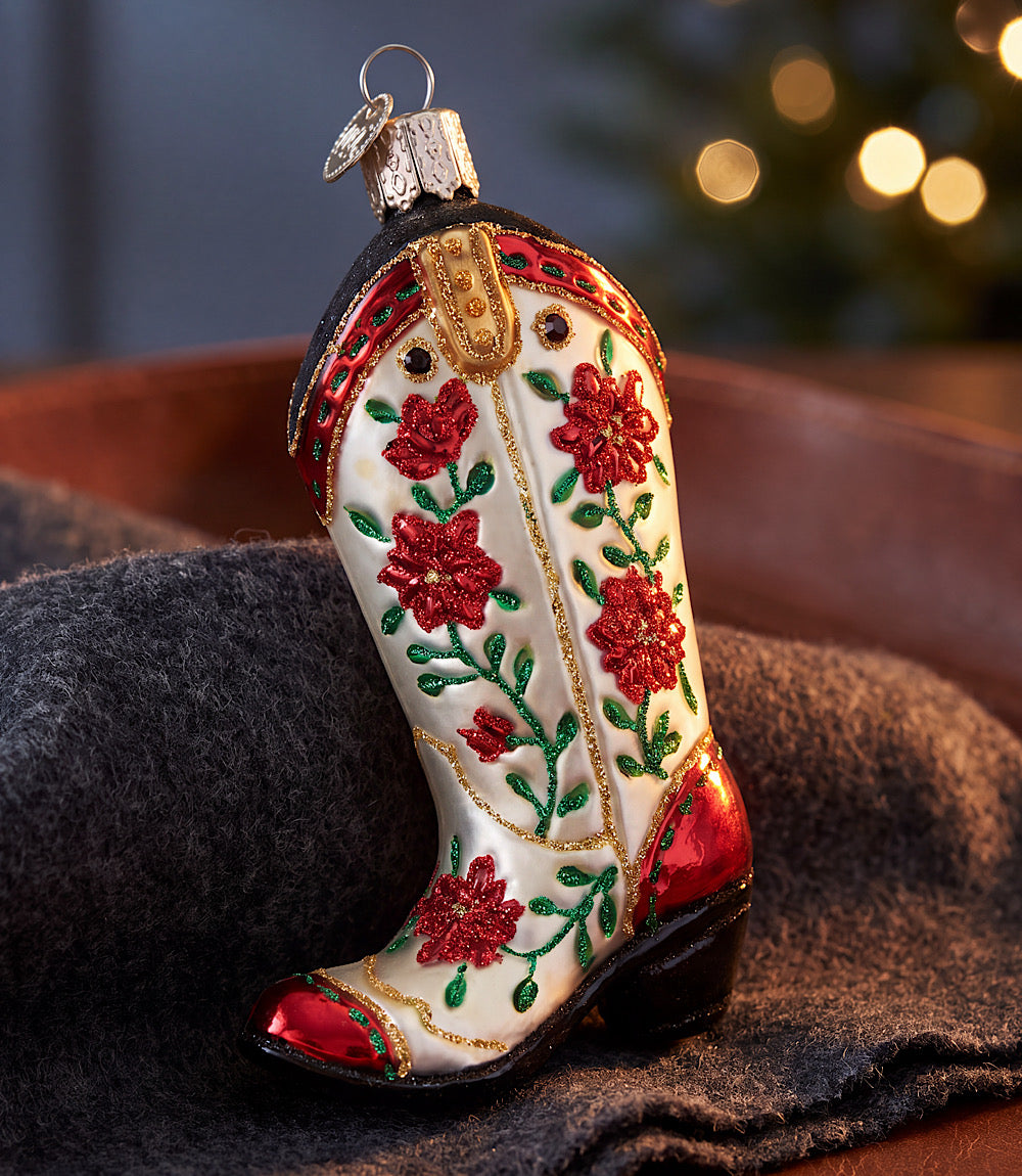 Christmas Cowgirl Boot Glass Ornament