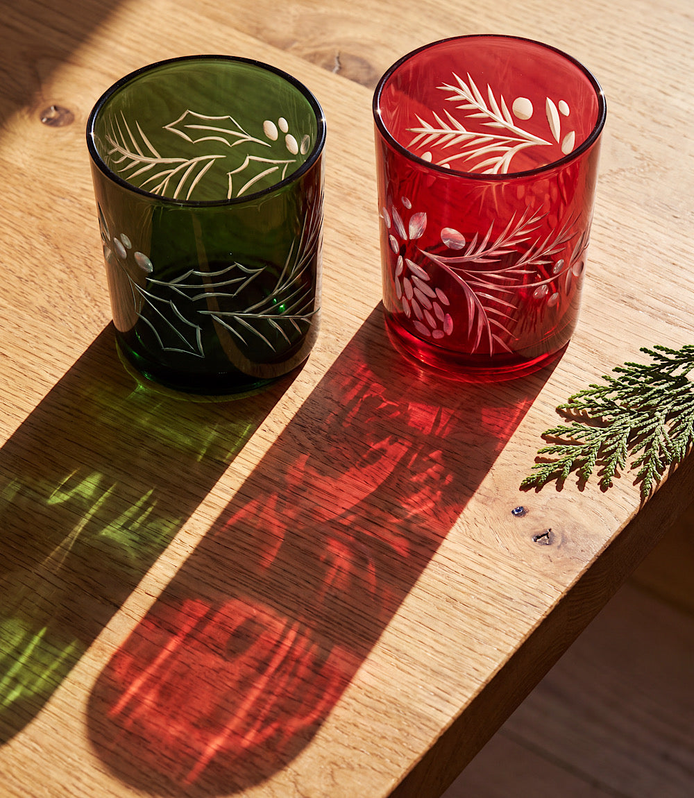 Etched Holly Tumbler Glasses, Set Of 2