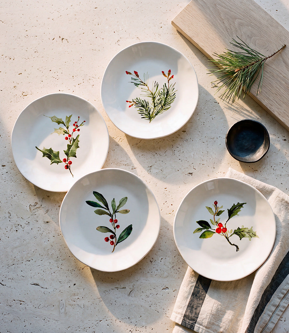 Holly Berry Ceramic Bowls, Set Of 4