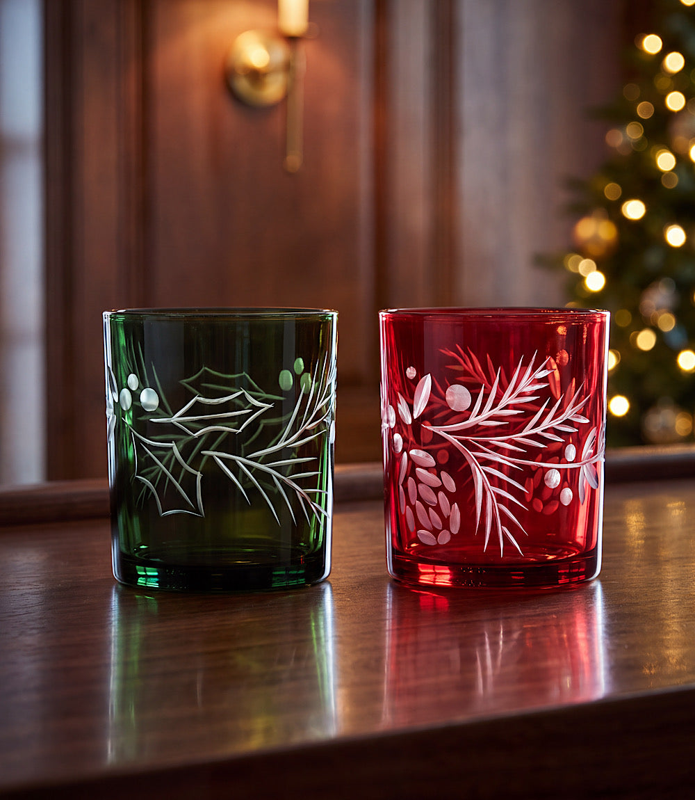 Etched Holly Tumbler Glasses, Set Of 2