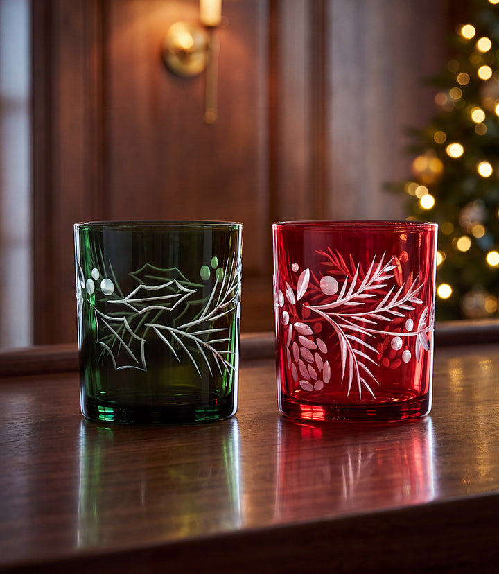 Etched Holly Tumbler Glasses, Set Of 2