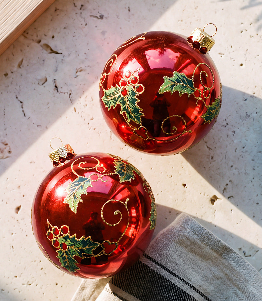Holly Berry Glass Ornaments, Set Of 2