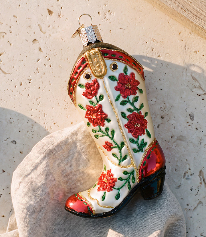 Christmas Cowgirl Boot Glass Ornament