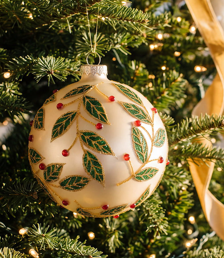 Metallic Berry Leaf Glass Ball Ornament
