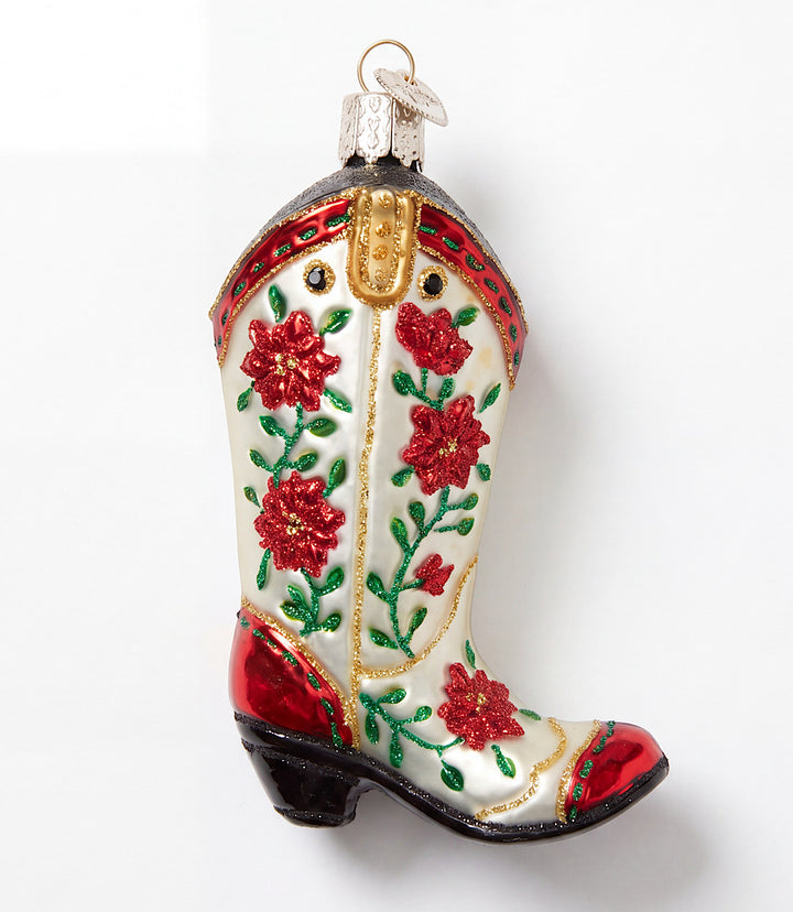 Christmas Cowgirl Boot Glass Ornament
