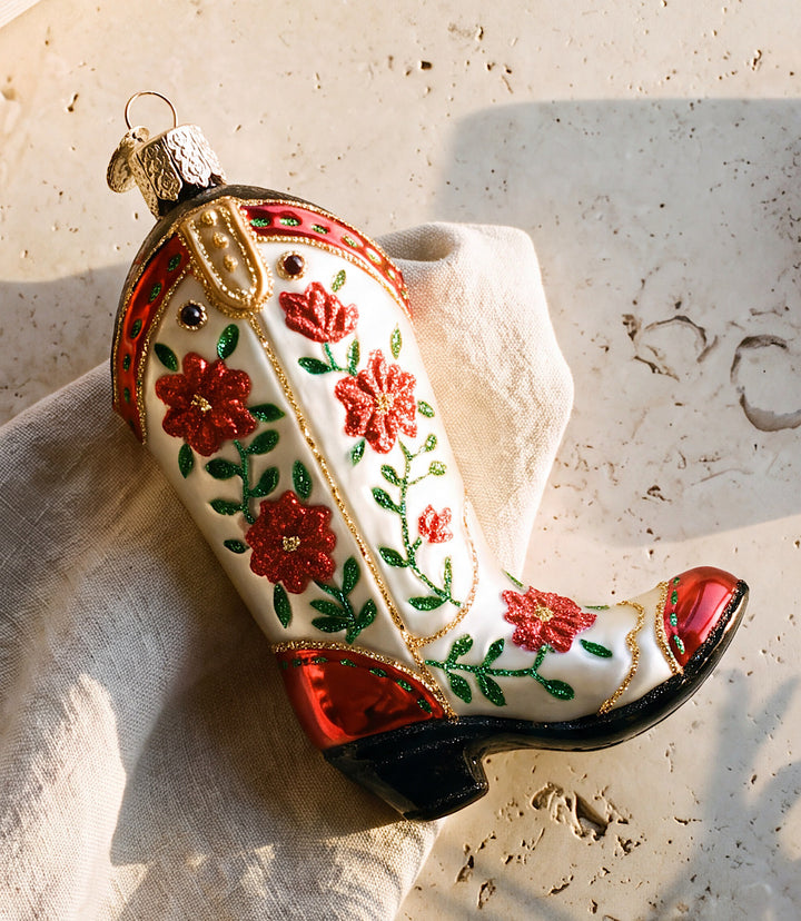 Christmas Cowgirl Boot Glass Ornament