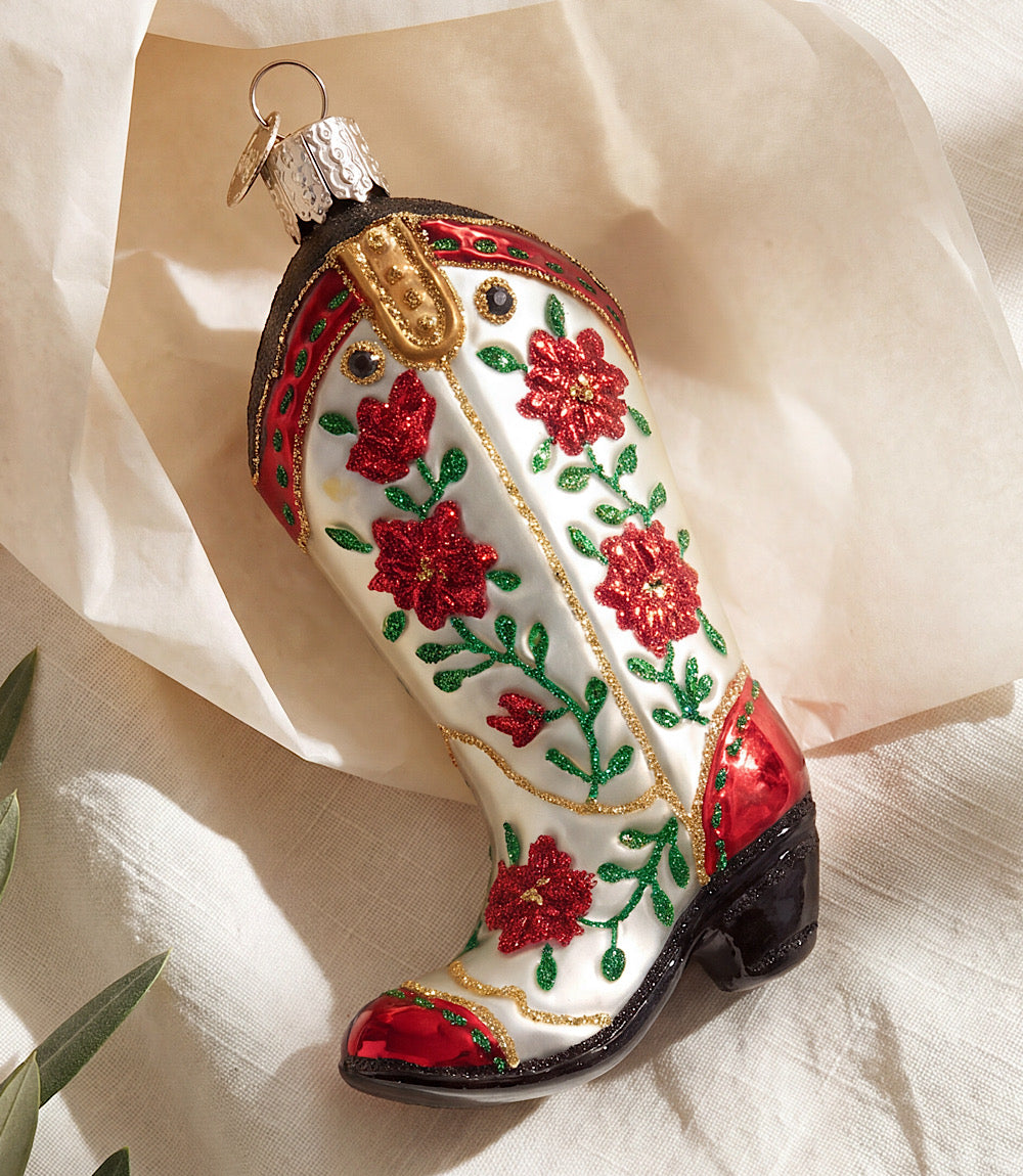 Christmas Cowgirl Boot Glass Ornament