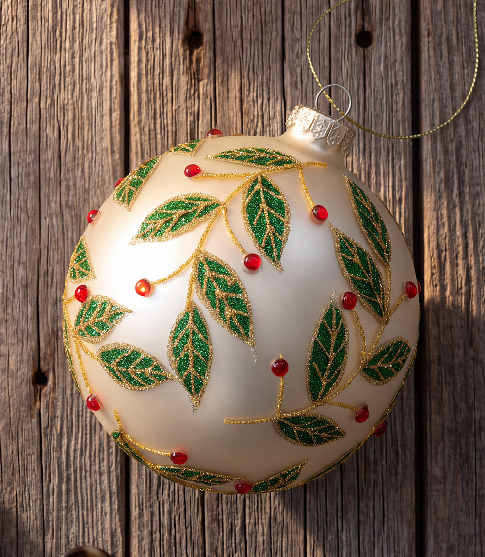 Metallic Berry Leaf Glass Ball Ornament