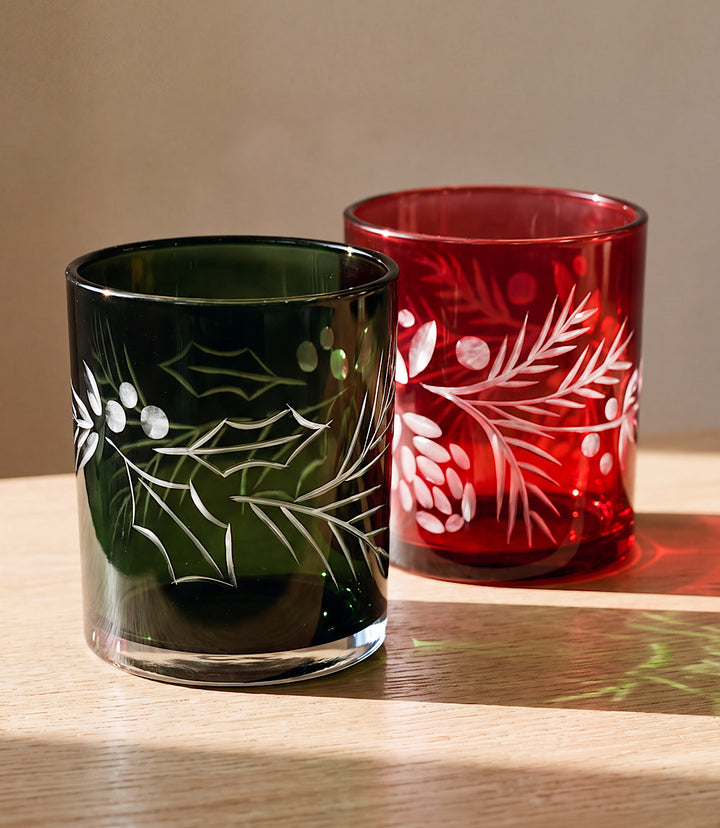 Etched Holly Tumbler Glasses, Set Of 2