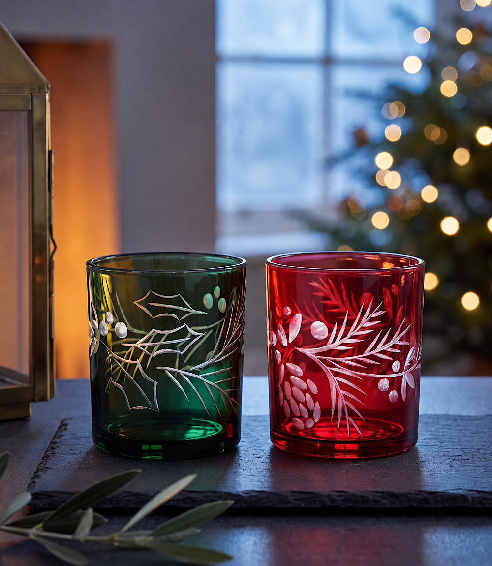 Etched Holly Tumbler Glasses, Set Of 2