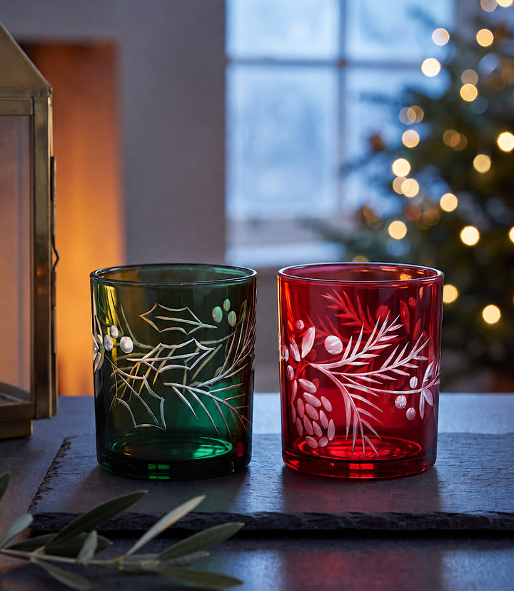 Etched Holly Tumbler Glasses, Set Of 2