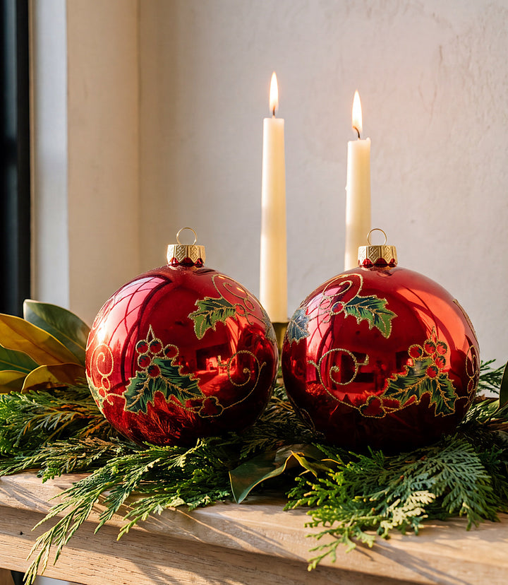 Holly Berry Glass Ornaments, Set Of 2
