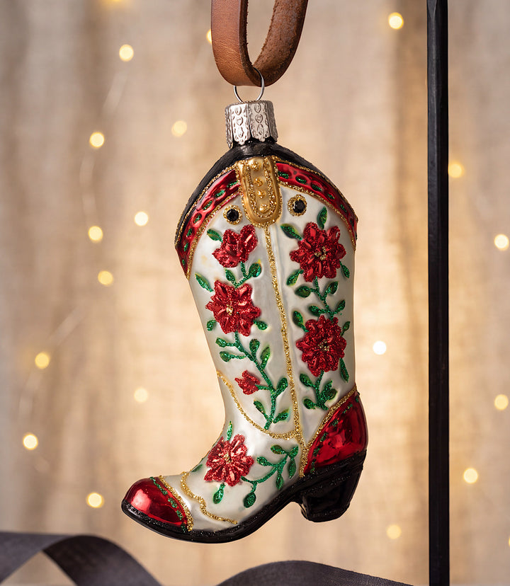 Christmas Cowgirl Boot Glass Ornament