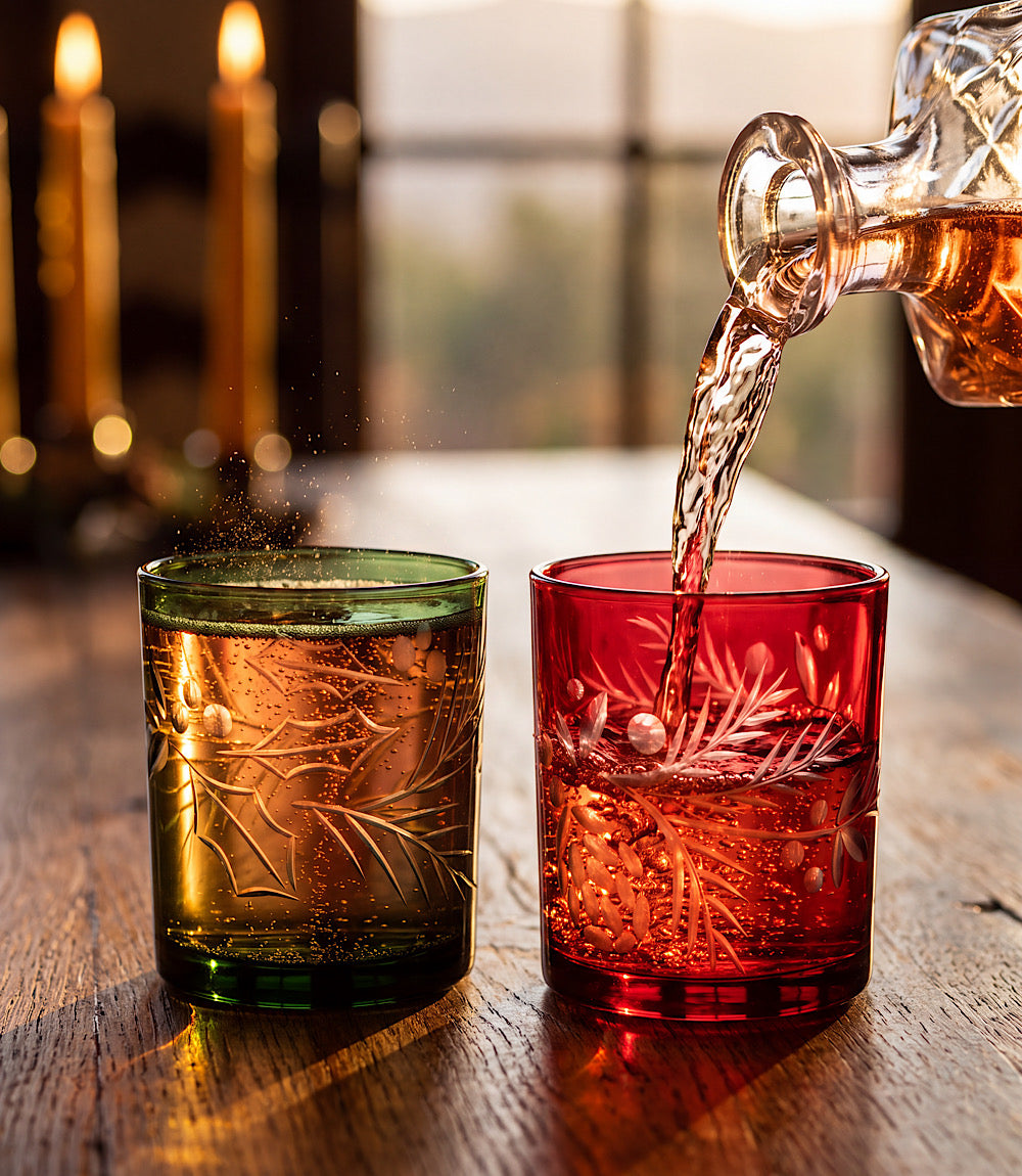 Etched Holly Tumbler Glasses, Set Of 2