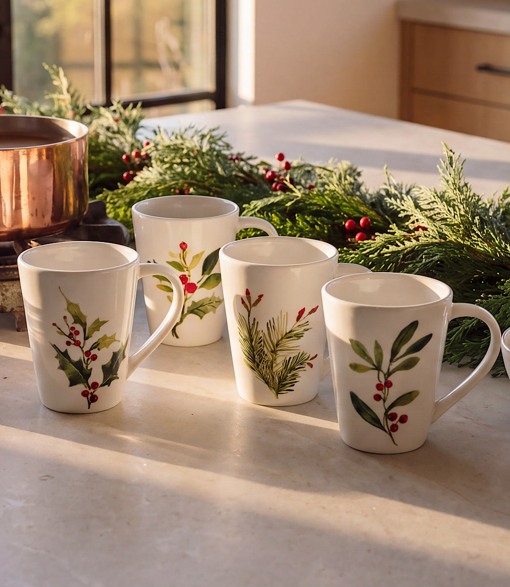 Holly Berry Ceramic Mugs, Set Of 4