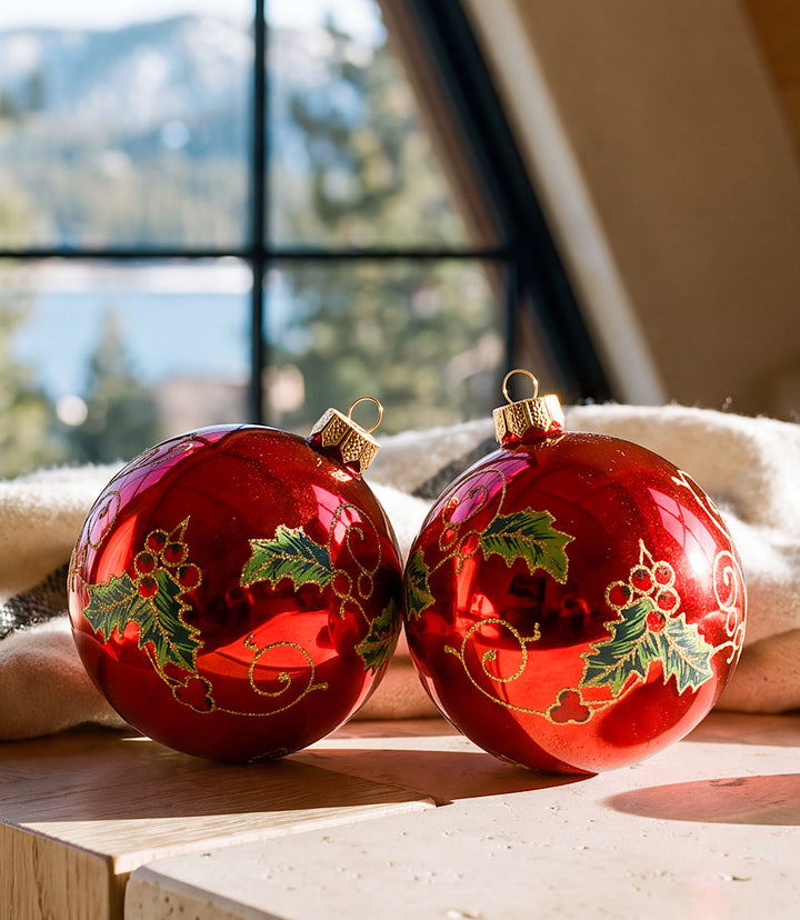 Holly Berry Glass Ornaments, Set Of 2