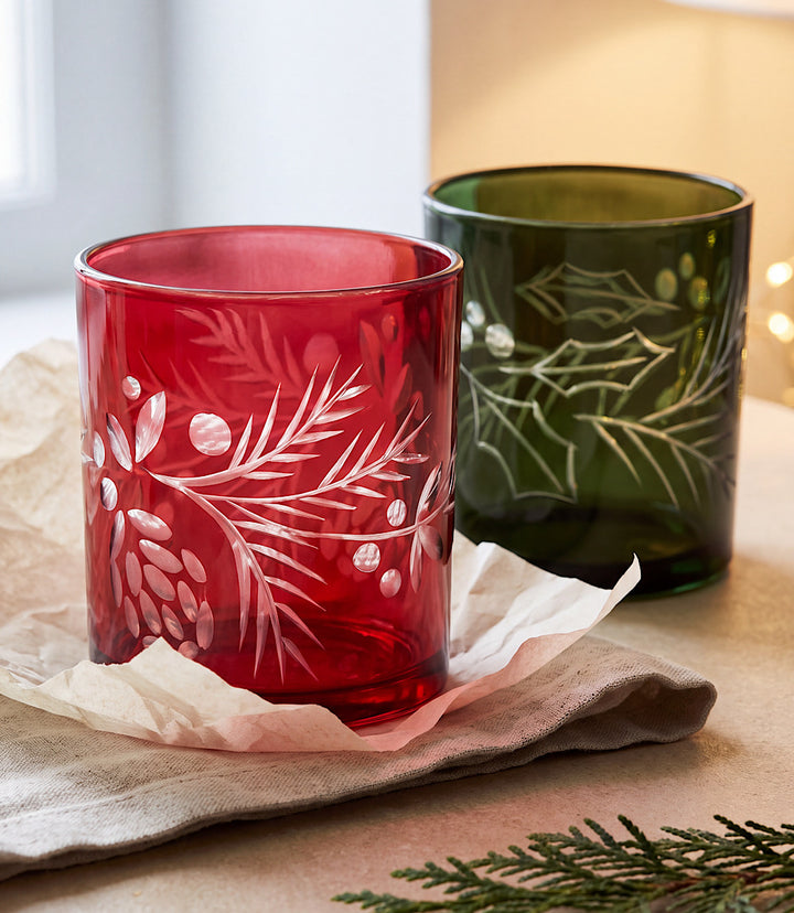 Etched Holly Tumbler Glasses, Set Of 2