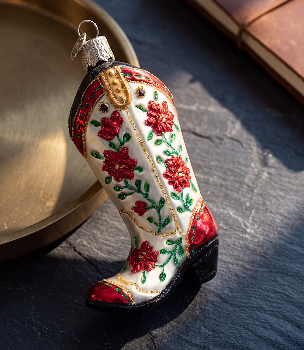 Christmas Cowgirl Boot Glass Ornament