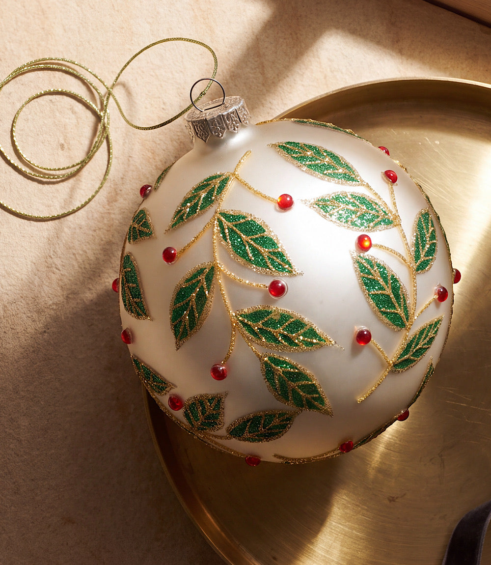 Metallic Berry Leaf Glass Ball Ornament