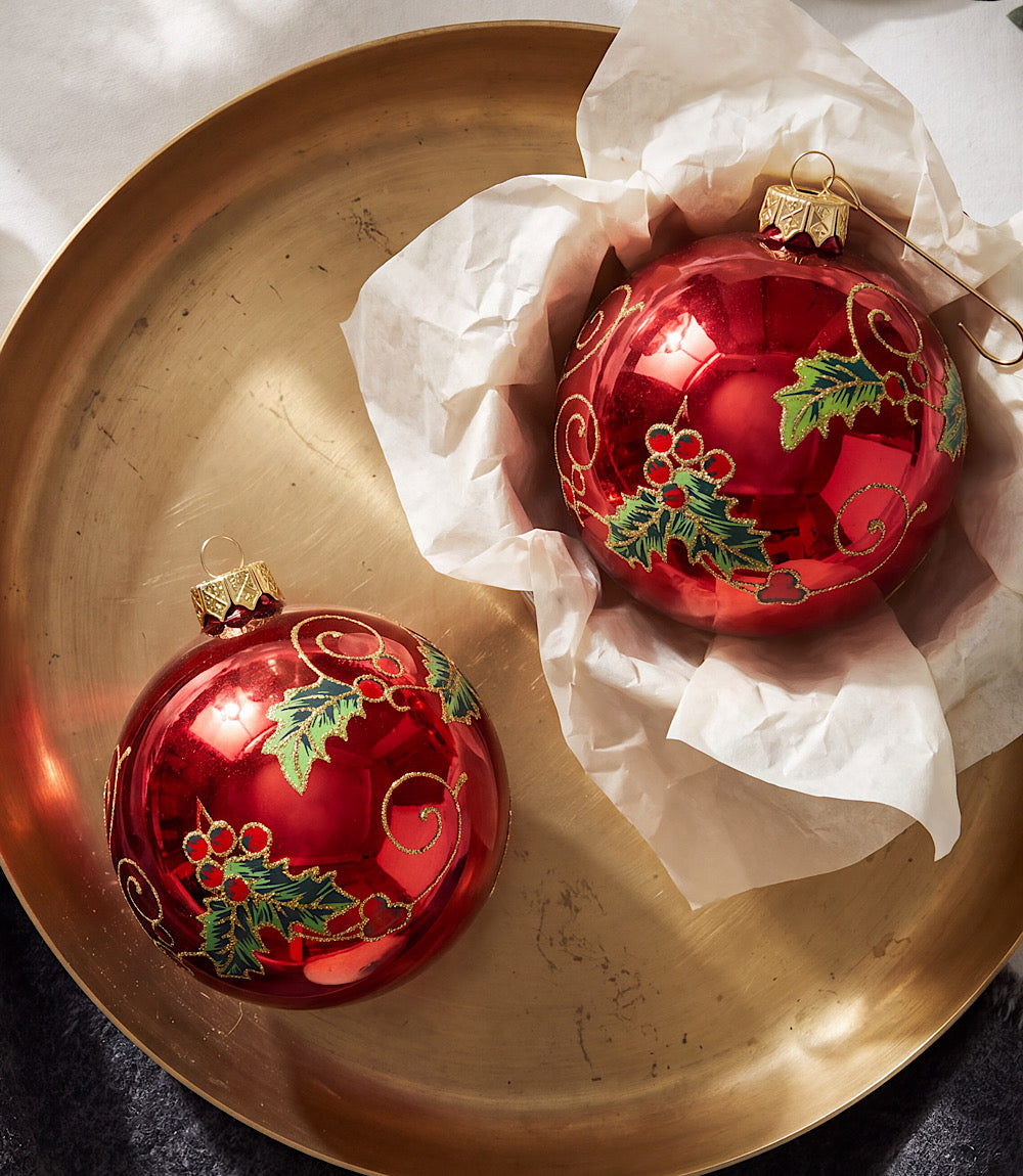 Holly Berry Glass Ornaments, Set Of 2