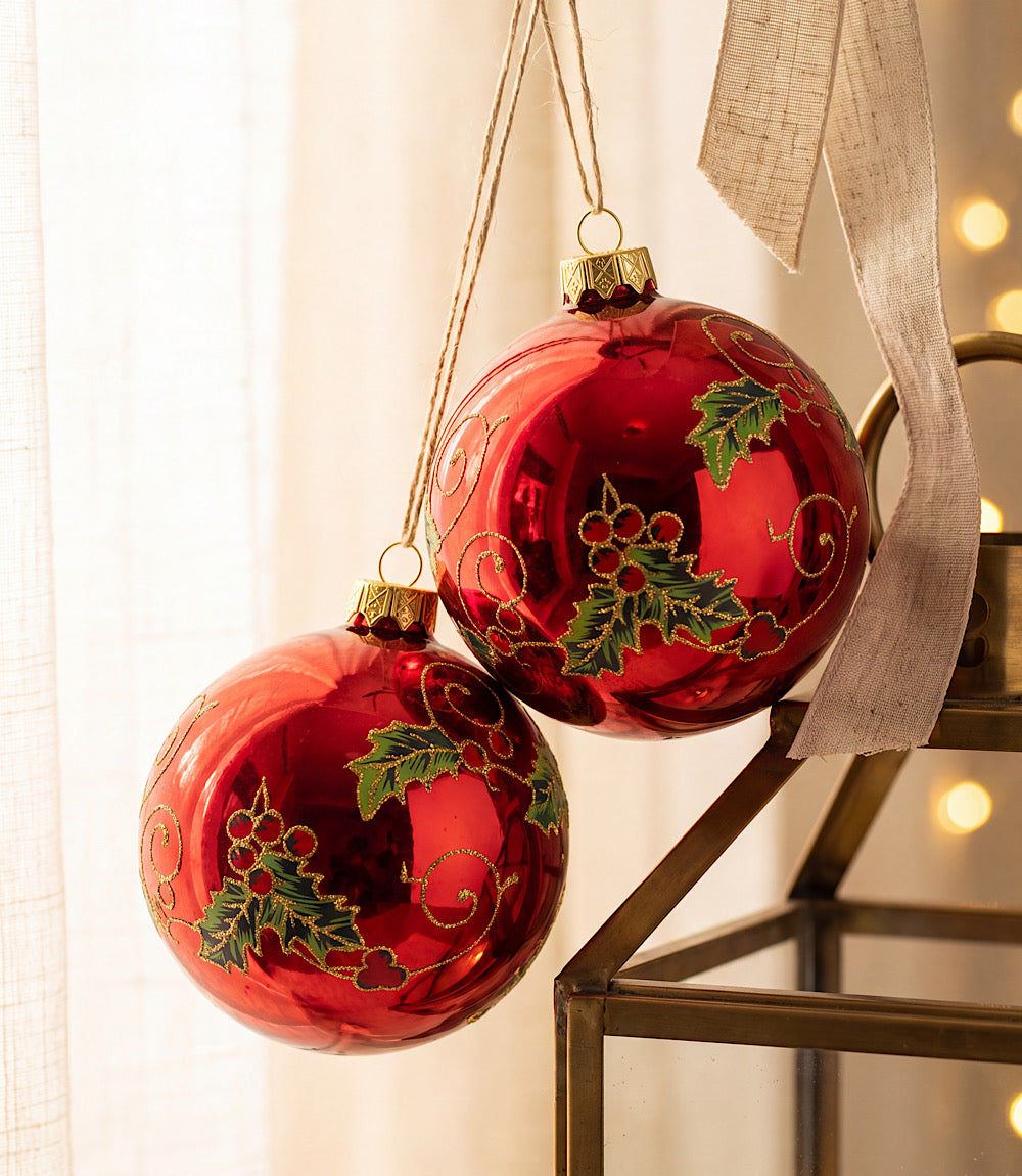 Holly Berry Glass Ornaments, Set Of 2