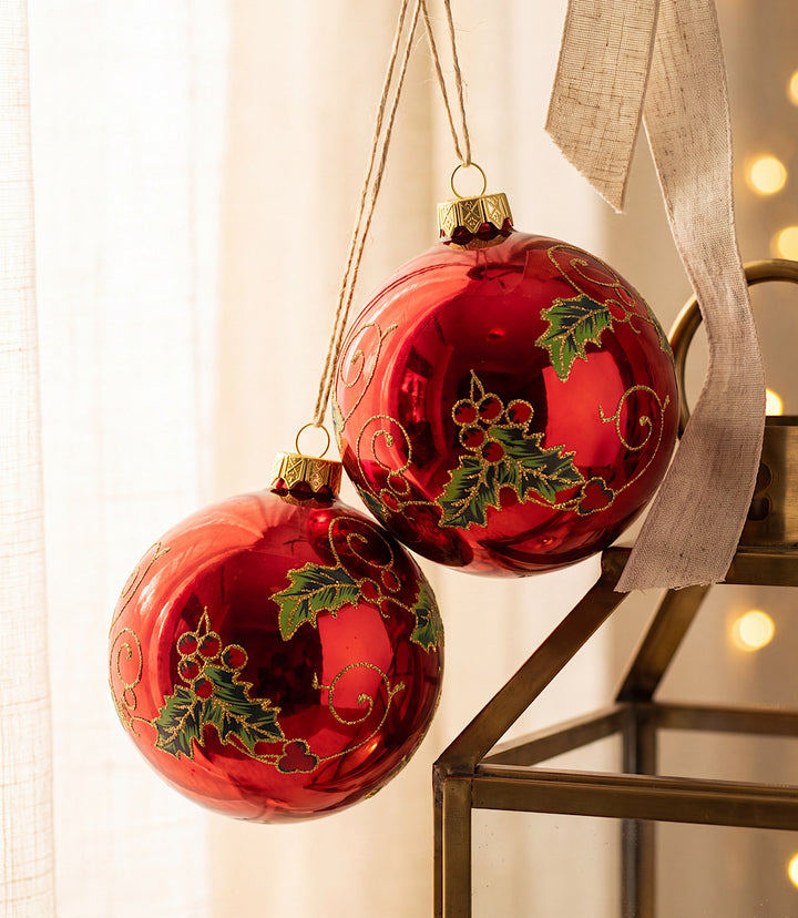 Holly Berry Glass Ornaments, Set Of 2