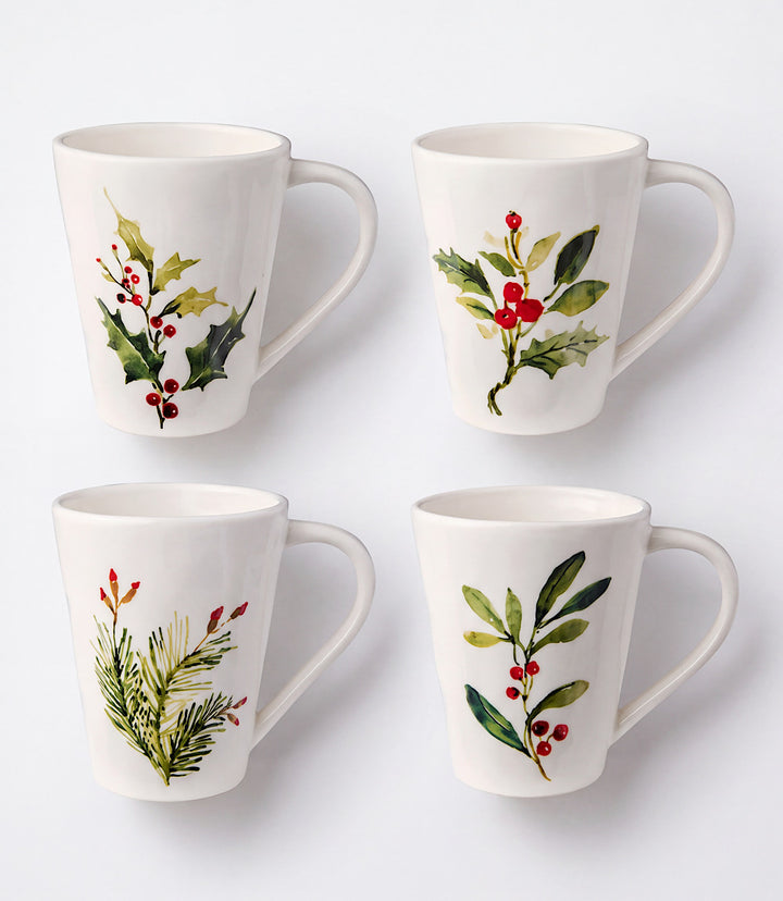 Holly Berry Ceramic Mugs, Set Of 4