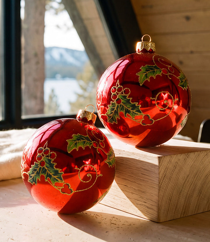 Holly Berry Glass Ornaments, Set Of 2