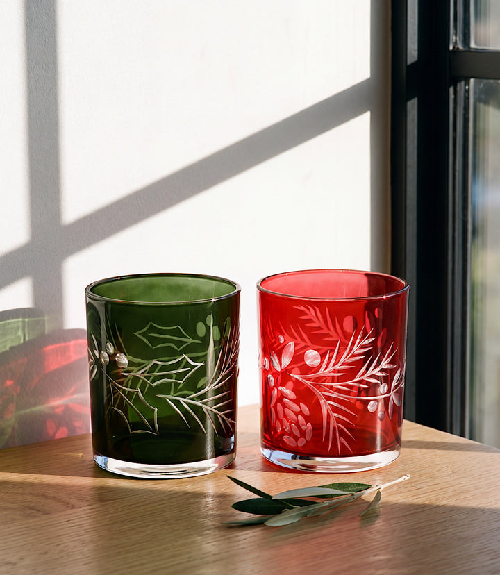 Etched Holly Tumbler Glasses, Set Of 2