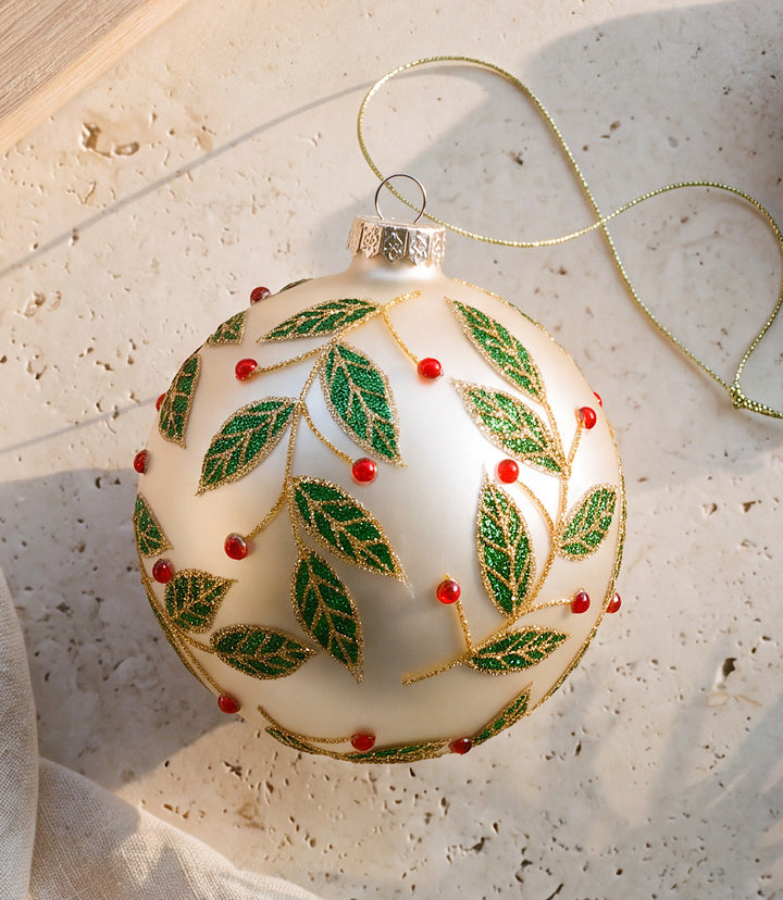 Metallic Berry Leaf Glass Ball Ornament