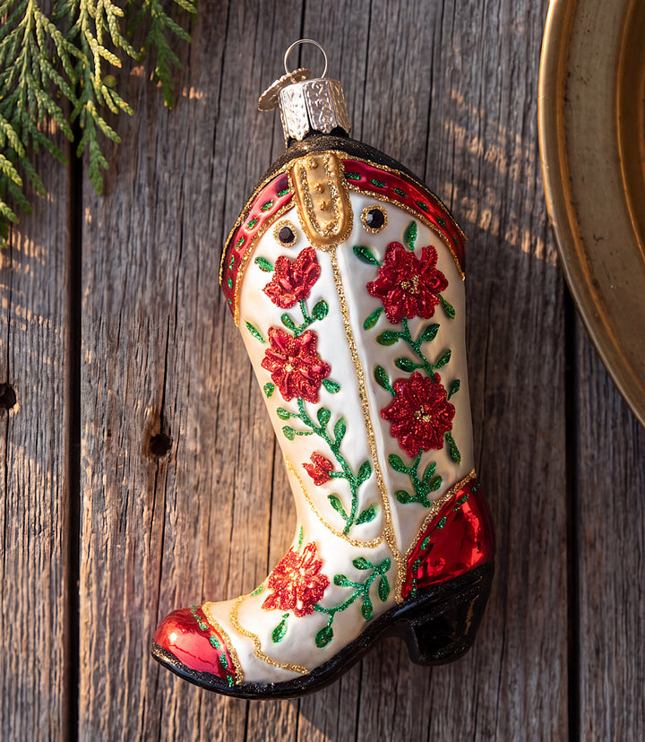 Christmas Cowgirl Boot Glass Ornament