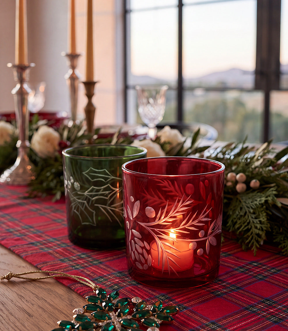 Etched Holly Tumbler Glasses, Set Of 2