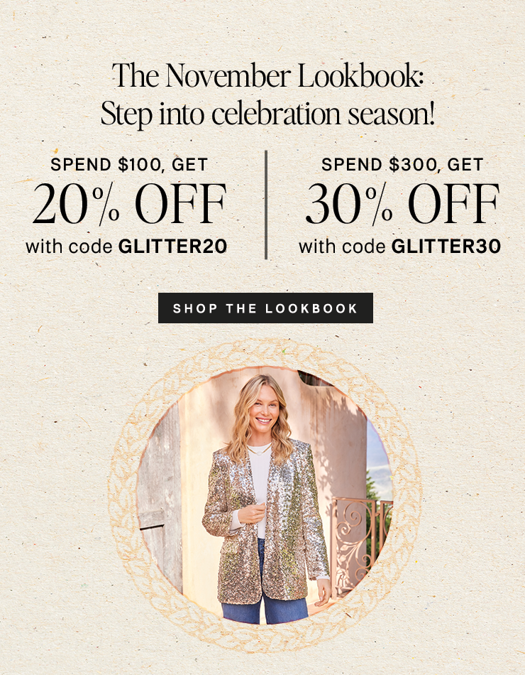 Promotional advertisement for a clothing brand's November Lookbook with a woman wearing a sequin jacket.