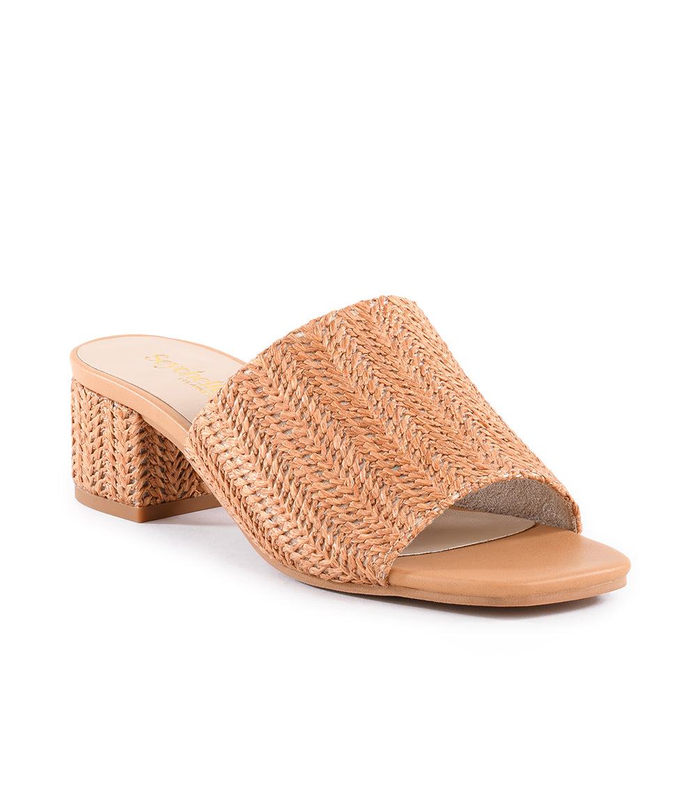 Pepper mid heel sandals with raffia upper, square toe, 2-inch block heel, slip-on design, and tan synthetic sole.