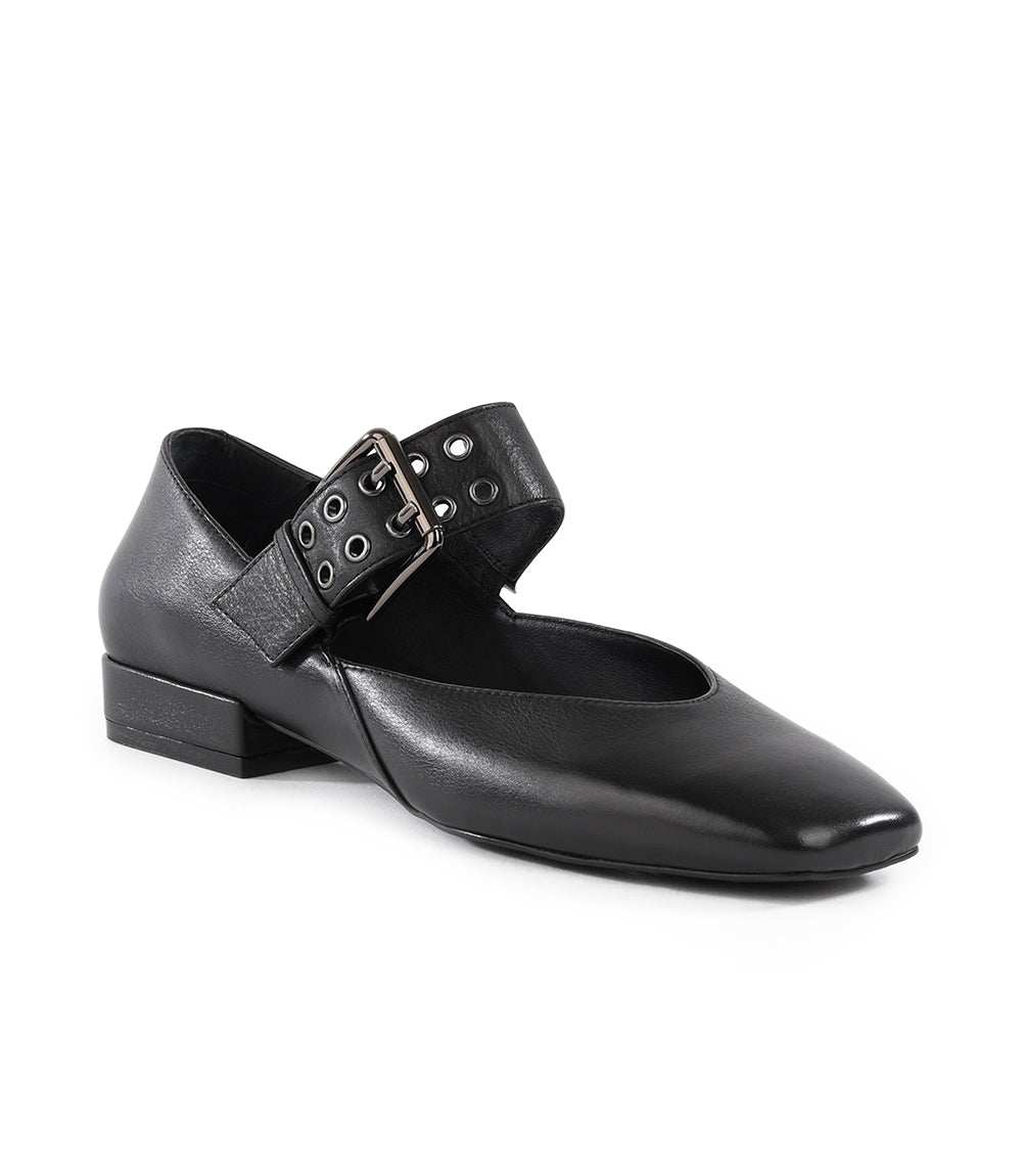 Seychelles Petal Mary Jane black leather flats with square toe and oversized buckle strap