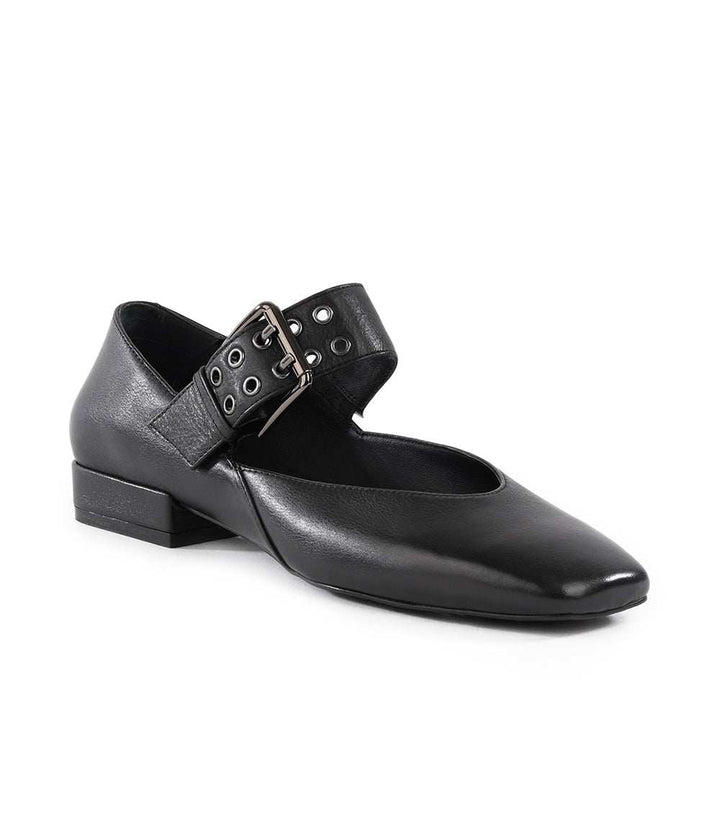 Seychelles Petal Mary Jane black leather flats with square toe and oversized buckle strap