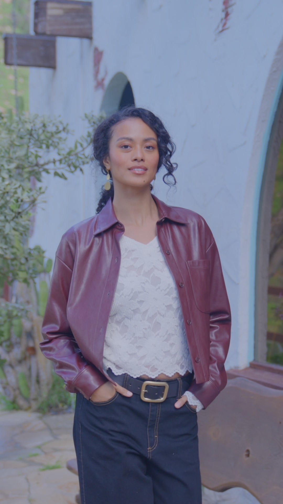 Petite Size Faux Leather Long Sleeve Button-Up Shirt