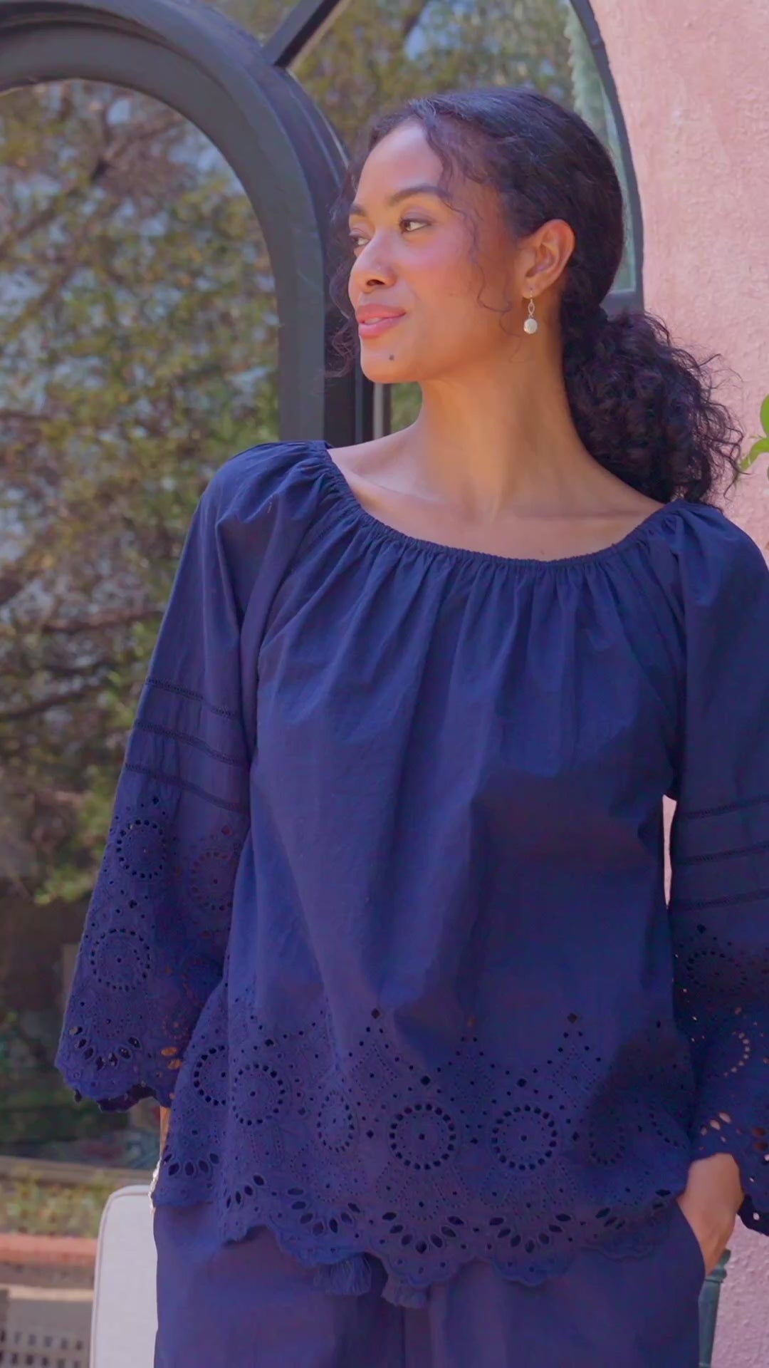 Flare Sleeve Embroidered Scallop Edge Peasant Top