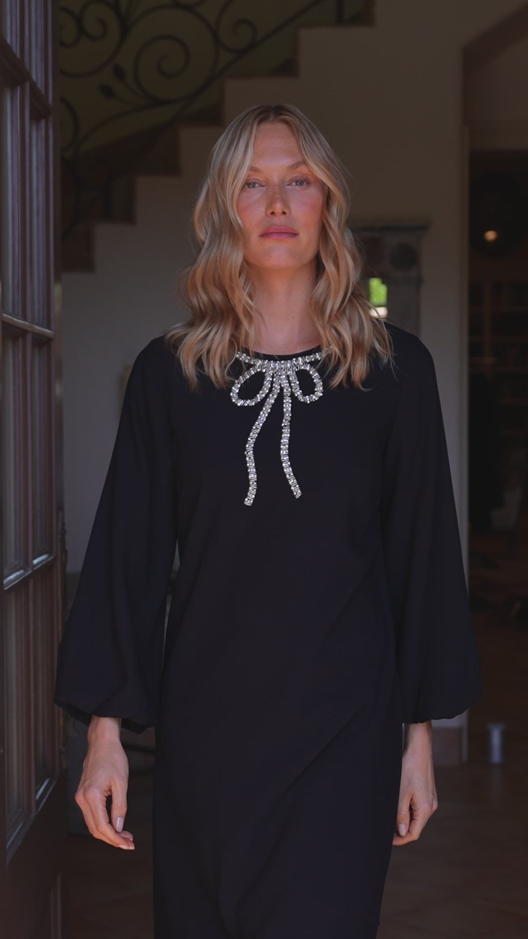 Puff Sleeve Embellished Bow Shift Dress