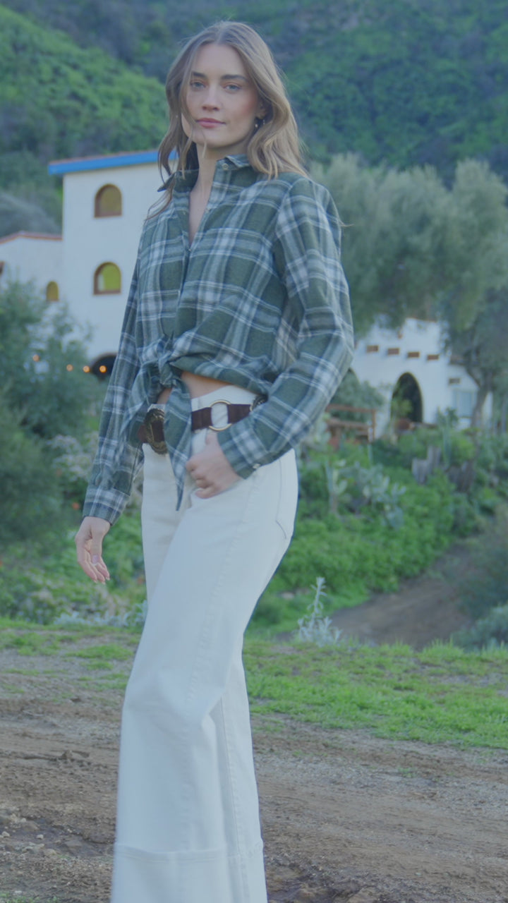 Long Sleeve Plaid Tie-Front Shirt