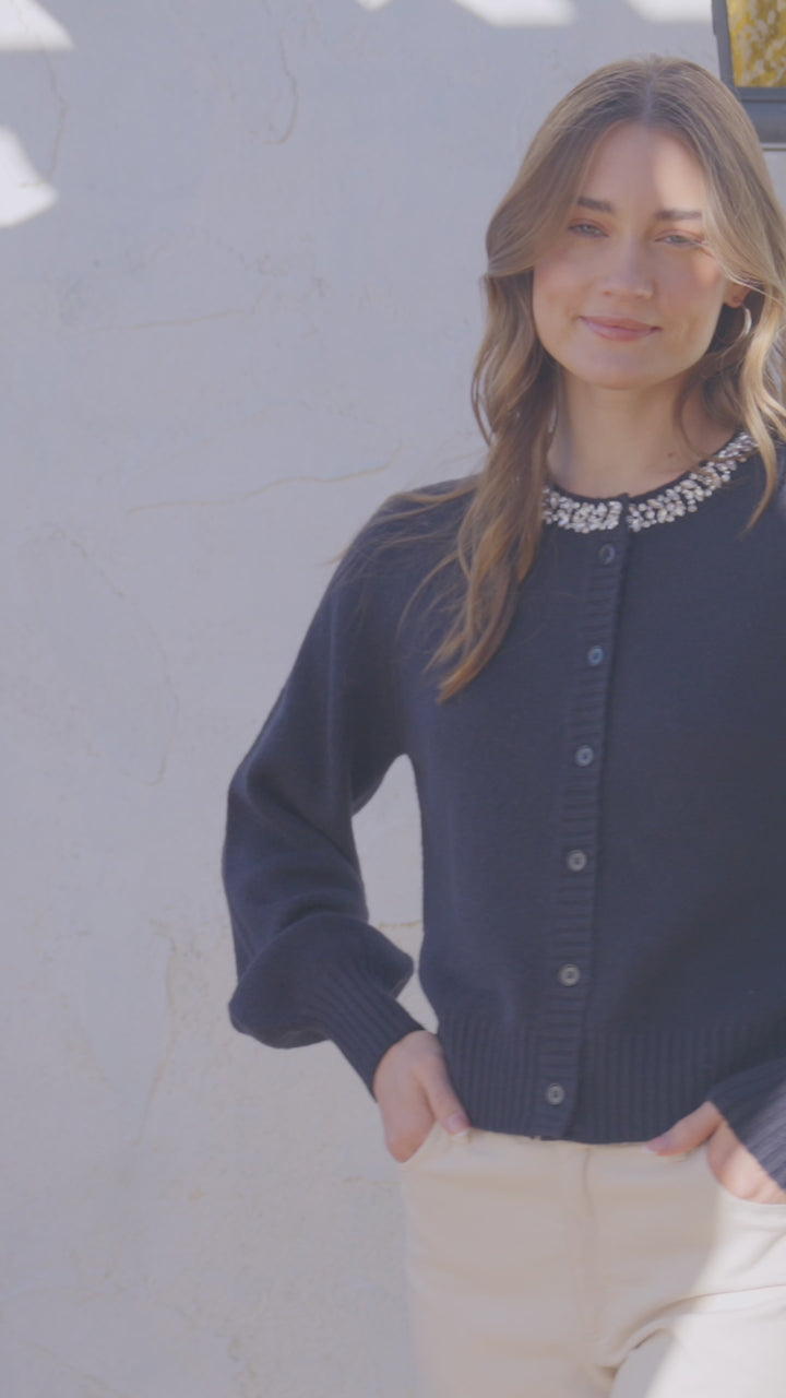 Embellished Crewneck Cardigan Sweater