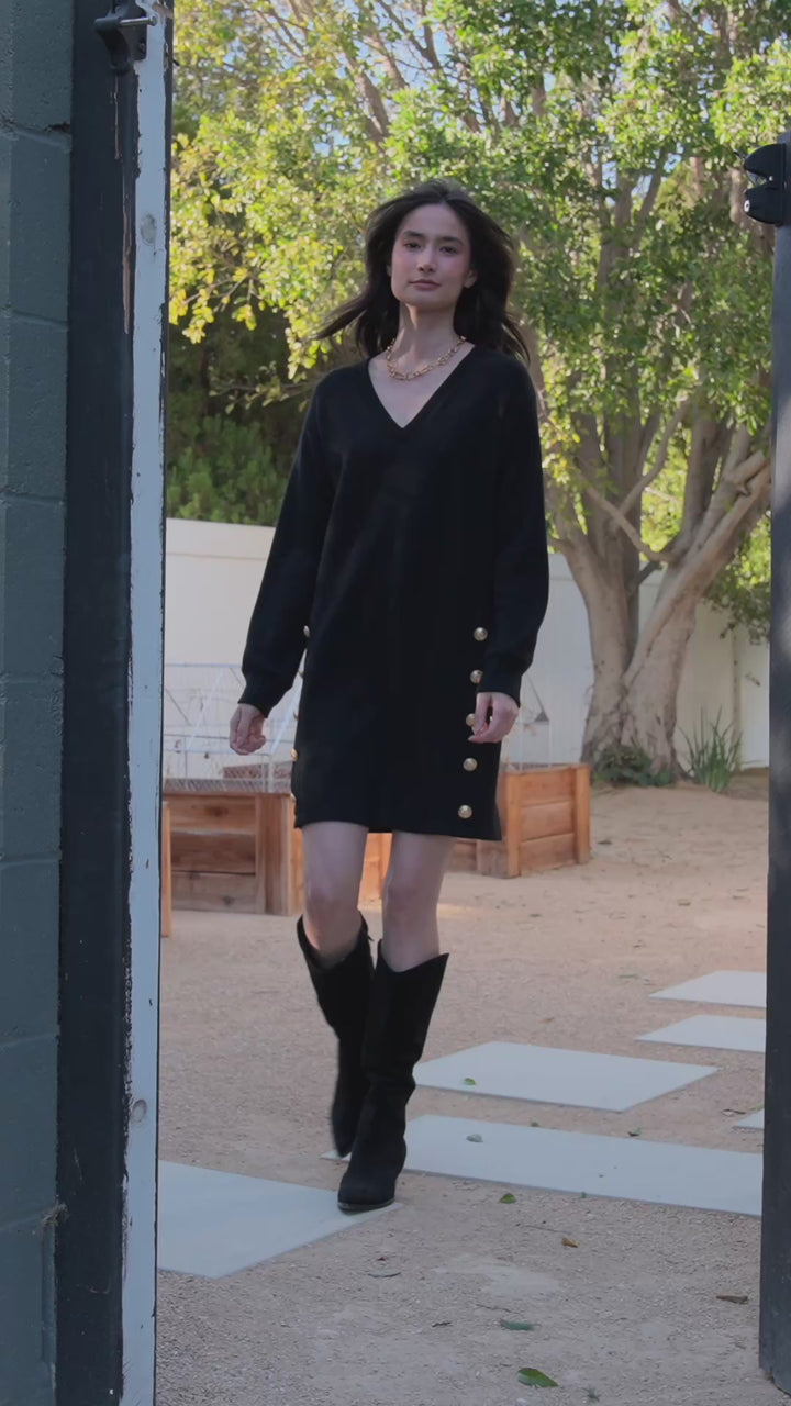 Long Sleeve V-Neck Button Detail Dress