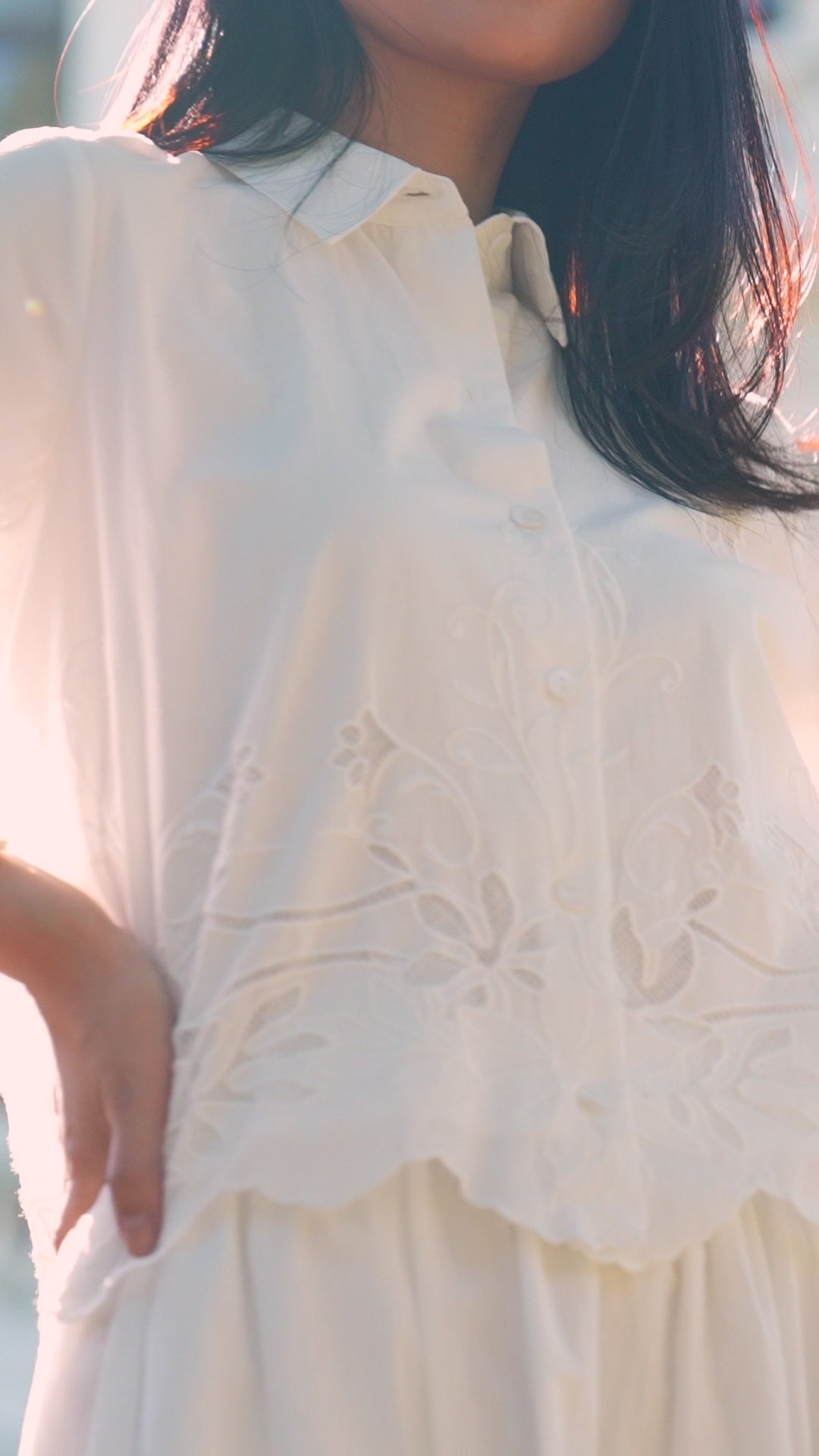 Embroidered Bell Sleeve Button Front Blouse