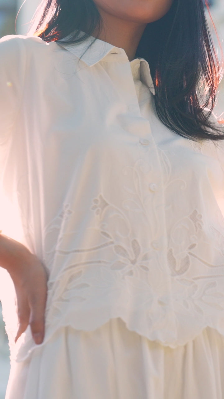 Embroidered Bell Sleeve Button Front Blouse