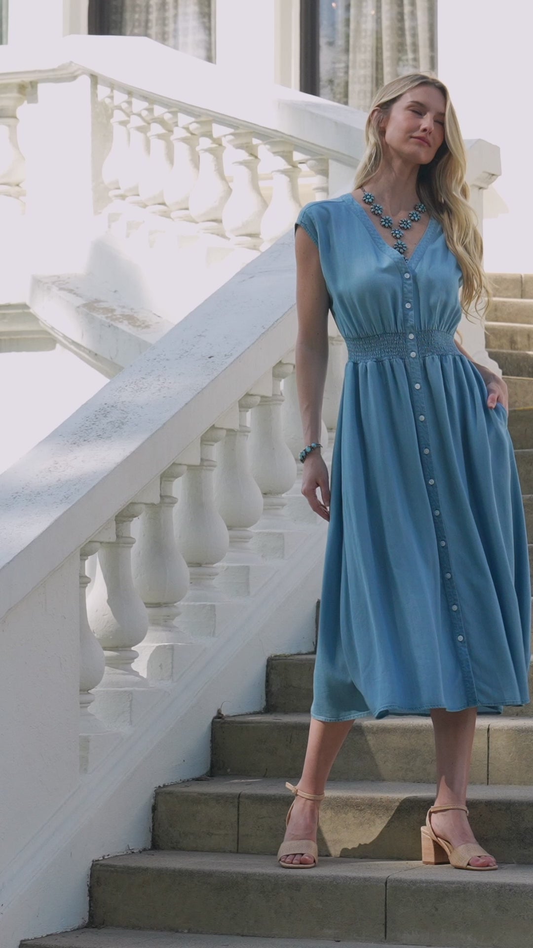 Cap Sleeve Smocked Waist Button-Up Midi Dress