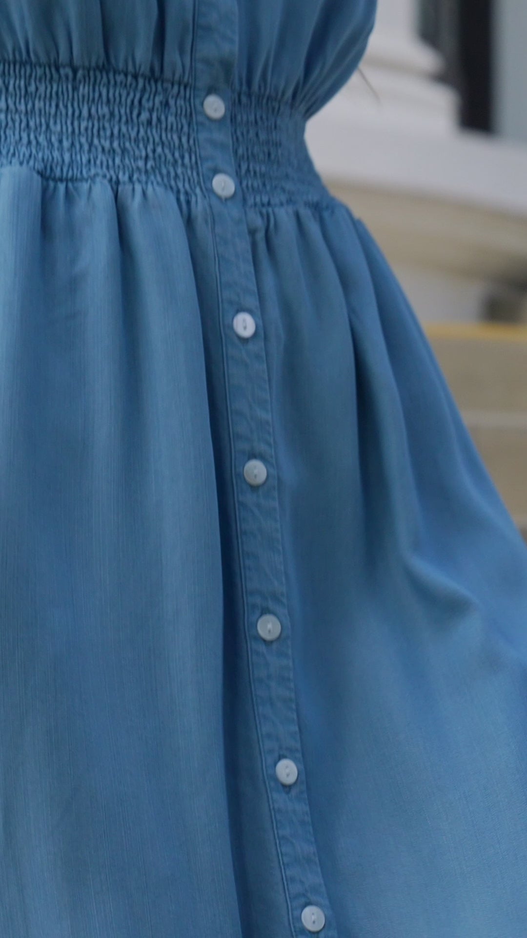 Cap Sleeve Smocked Waist Button-Up Midi Dress
