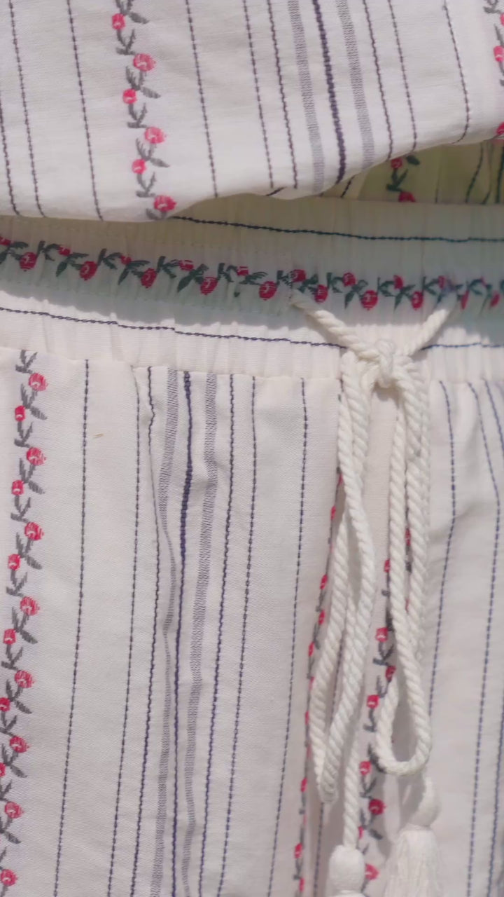 Stripe Embroidered Cropped Drawstring Pants