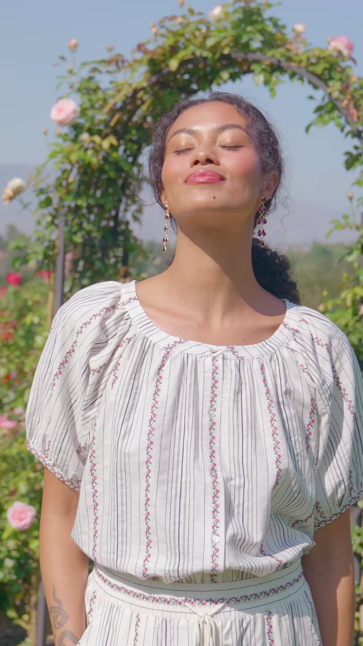 Stripe Puff Sleeve Embroidered Peasant Top